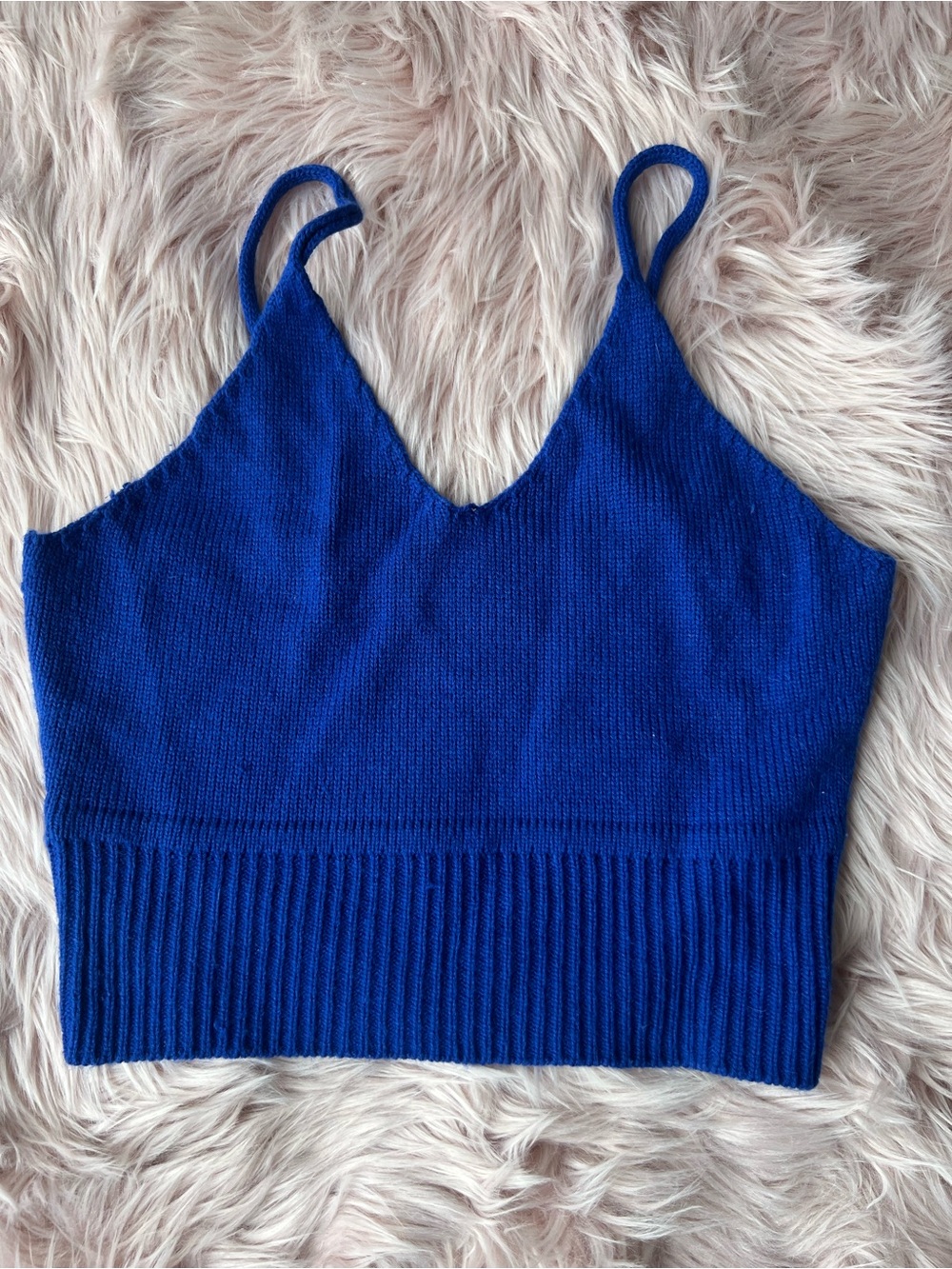 Knit V-Neck Cropped Camisole in Cobalt Blue Large